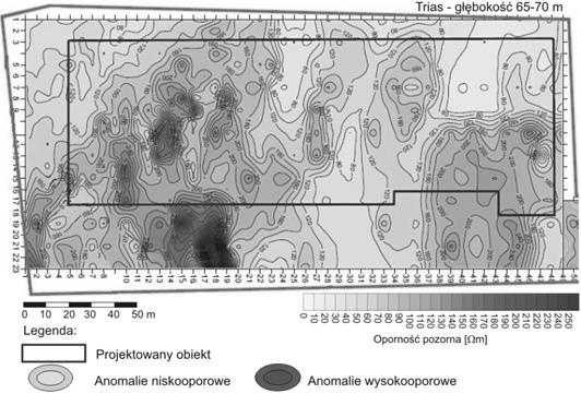 Rys. 2. Rozkład anomalii elektrooporowych w warstwach triasu na głębokości 65 70 m) na obszarze projektowanej inwestycji (Dokumentacja, 2015b) Fig. 2. Distribution of resistive anomalies in Triassic strata on the depth of 25 30 m and on the area of prospective investment (Dokumentacja, 2015b) Rys.