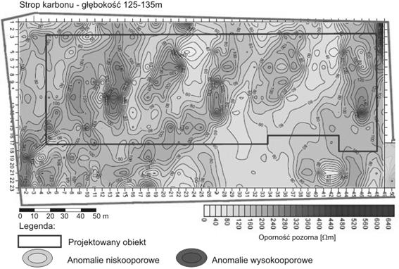 Distribution of resistive anomalies in Carboniferous rocks at the depth of about 125 135 m on the area of prospective investment (Dokumentacja, 2015b) lie wysokooporowe, co może świadczyć o istnieniu