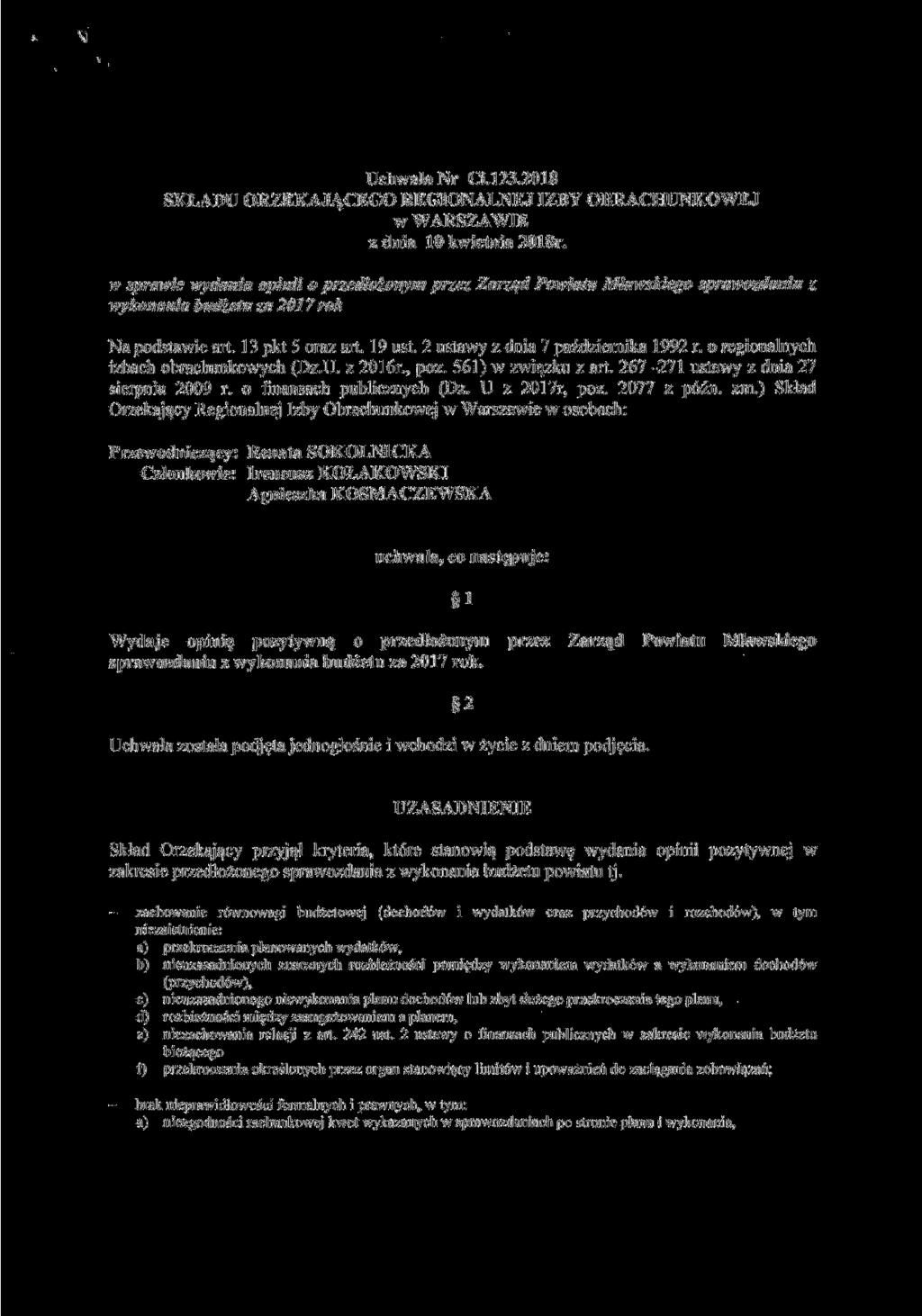 Uchwala Nr Ci.123.2018 SKŁADU ORZEKAJĄCEGO REGIONALNEJ IZBY OBRACHUNKOWEJ w WARSZAWIE z dnia 10 kwietnia 2018r.