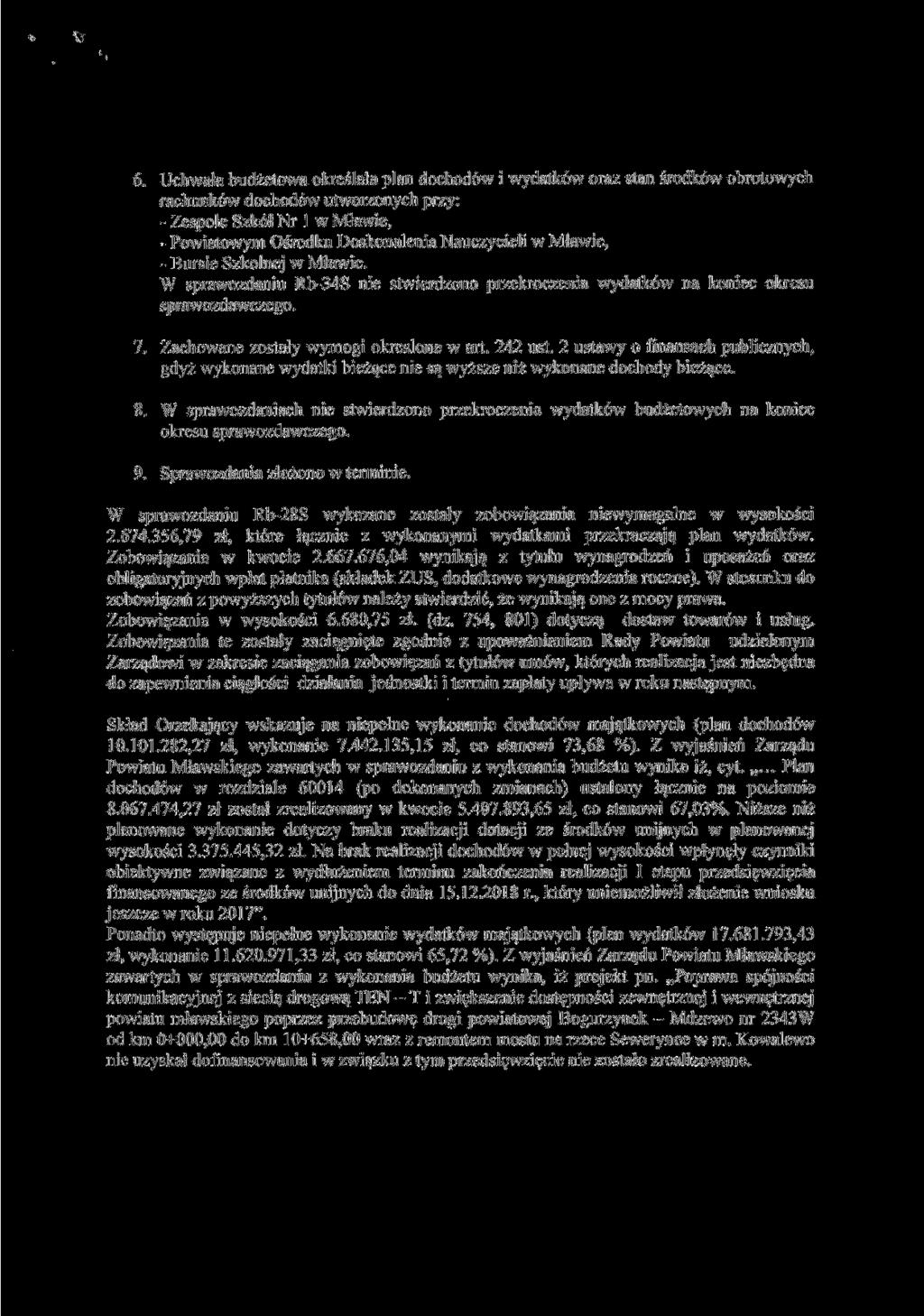 6. Uchwała budżetowa określała plan dochodów i wydatków oraz stan środków obrotowych rachunków dochodów utworzonych przy: - Zespole Szkół Nr l w Mławie, - Powiatowym Ośrodku Doskonalenia Nauczycieli