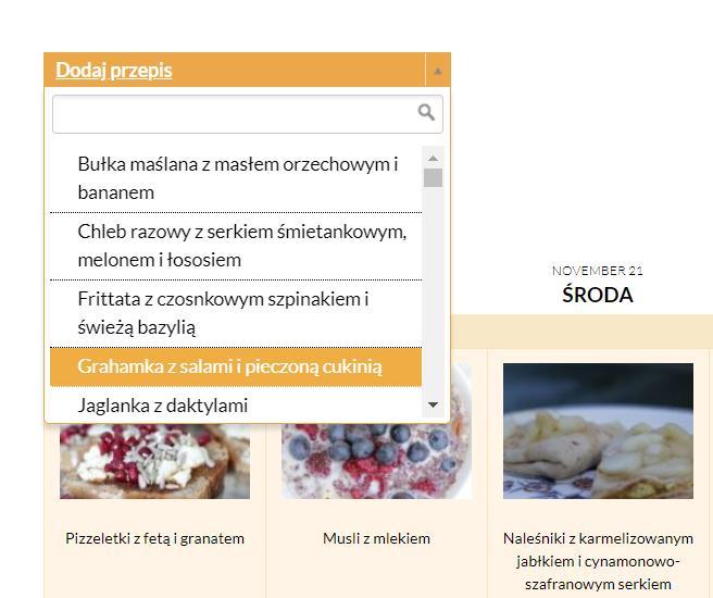 Górne menu zakładki Twoje menu Dodaj przepis - pozwala Ci dodać do menu przepis jaki lubisz. Kliknij polecenie Dodaj przepis. Wyświetli się rozwijalne drzewko. Wybierz przepis, który chcesz dodać.