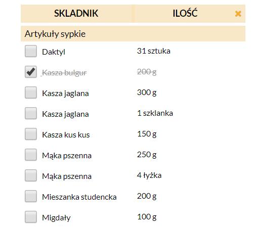 Po zatwierdzeniu dat otrzymujesz listę zakupów. Jest ona podzielona na działy, jakie zwyczajowo występują w dużych sklepach np.