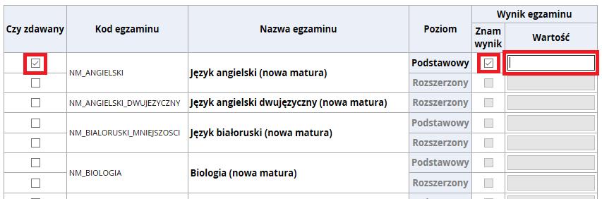 12. W kolejnym kroku wybierz Edytuj wyniki egzaminów (nadal w zakładce Wykształcenie), w kolumnie Czy zdawany zaznacz odpowiednie przedmioty na poziomie podstawowym lub rozszerzonym, z których wyniki