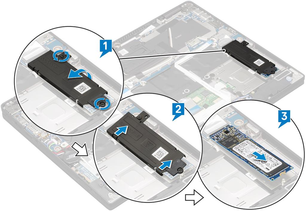 Dysk SSD PCIe (SSD) Wymontowywanie karty SSD PCIe 1 Wykonaj procedurę przedstawioną w sekcji Przed przystąpieniem do serwisowania komputera.