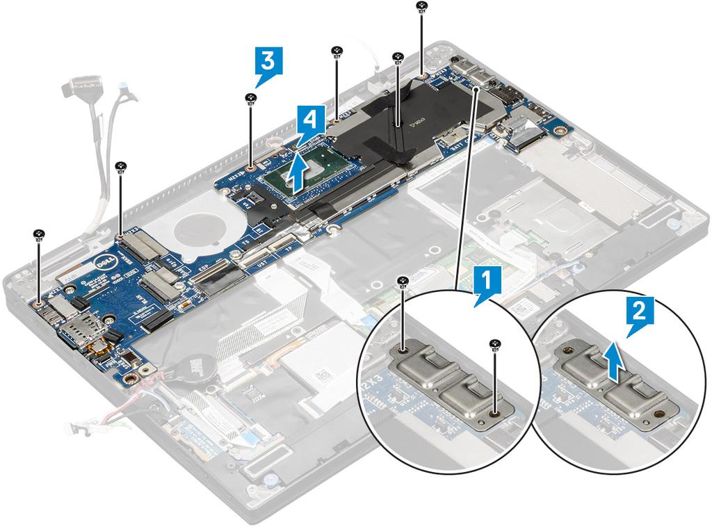 Instalowanie płyty systemowej 1 Dopasuj płytę systemową do uchwytów śrub w komputerze. 2 Wkręć 6 śrub (M2,0x3,0) mocujących płytę systemową do komputera.