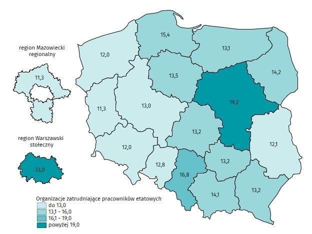 Odsetek organizacji non-profit zatrudniających pracowników etatowych według województw i regionów w 2017 r. W 2017 r.