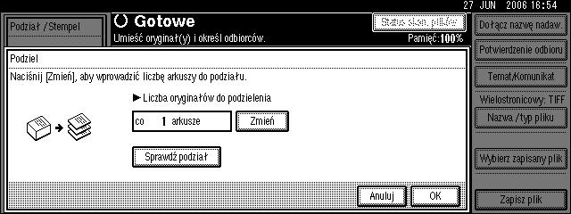 Ustawianie typu podawania oryginaâu Podziaâ W tej sekcji opisano ustawienia dla podziaâu wielu oryginaâów na okreãlonà liczbê stron i nastêpnie ich wysâanie. A Naciãnij przycisk [Typ podaw. oryg.].