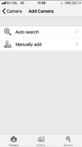 Kliknąć opcję Auto search (automatyczne wyszukiwanie), a następnie nazwę kamery RCAM-XXXXXX-XXXXX. Jeśli automatyczne wyszukiwanie nie zadziała, należy kliknąć opcję Manually add (dodaj ręcznie).
