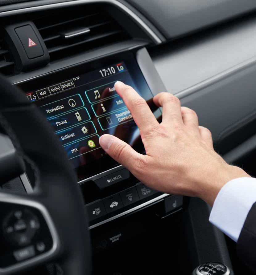 HONDA CONNECT Civic otrzymał nowy system rozrywkowo-informacyjny Honda CONNECT* z 7-calowym ekranem dotykowym, który pozwala Ci być w stałym kontakcie