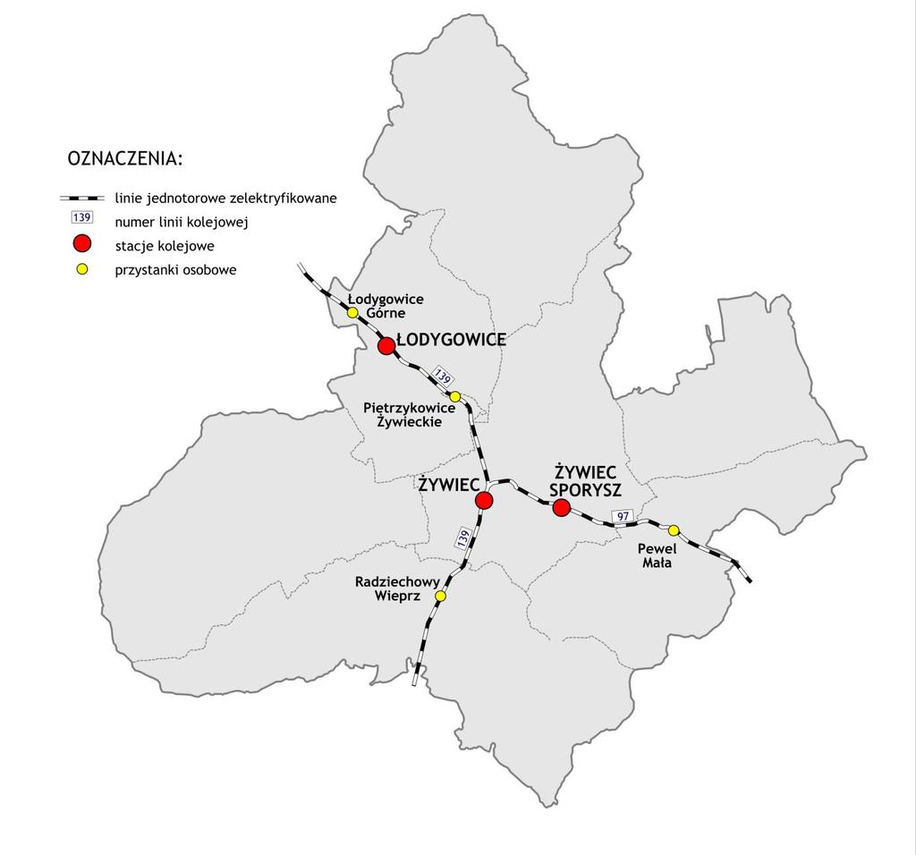 Mapa 3. Linie kolejowe na obszarze objętym planem Źródło: opracowanie własne Według rozkładu jazdy pociągów na okres 13.12.2015 12.03.2016, po linii nr 139 kursują pociągi Kolei Śląskich Sp. z o.o. W dni robocze oferowane są bezpośrednie połączenia do Katowic, Częstochowy, Bielska-Białej oraz Zwardonia.