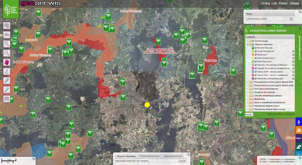 Rys. 9.1 Mapa przedstawiająca lokalizacje infrastruktury kajakowej na tle istniejących form ochrony przyrody Źródło http://geoserwis.gdos.gov.pl/mapy/?