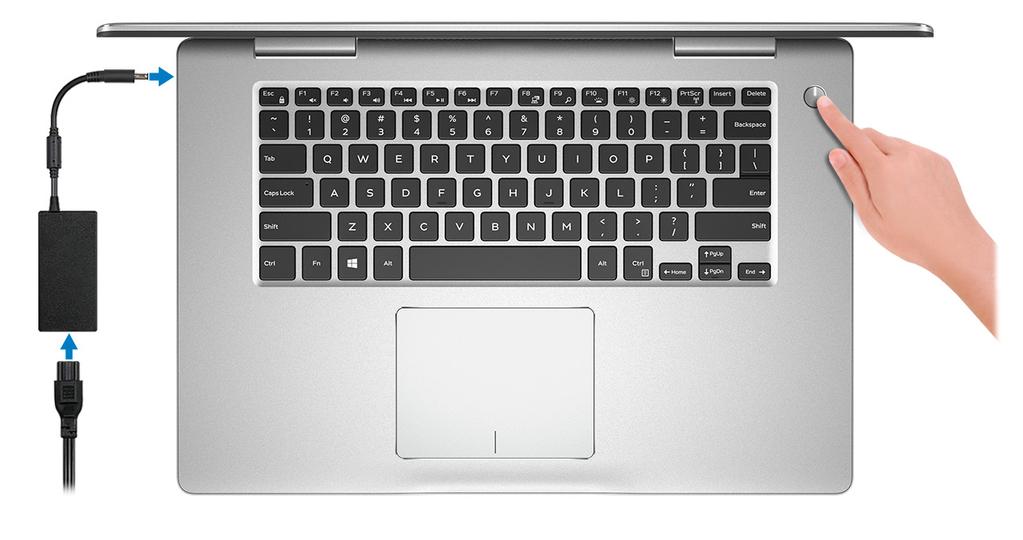 Skonfiguruj swój komputer Inspiron 7580 1 1 Podłącz zasilacz i naciśnij przycisk zasilania. UWAGA: W celu zmniejszenia zużycia elektryczności akumulator może przejść w tryb oszczędzania energii.