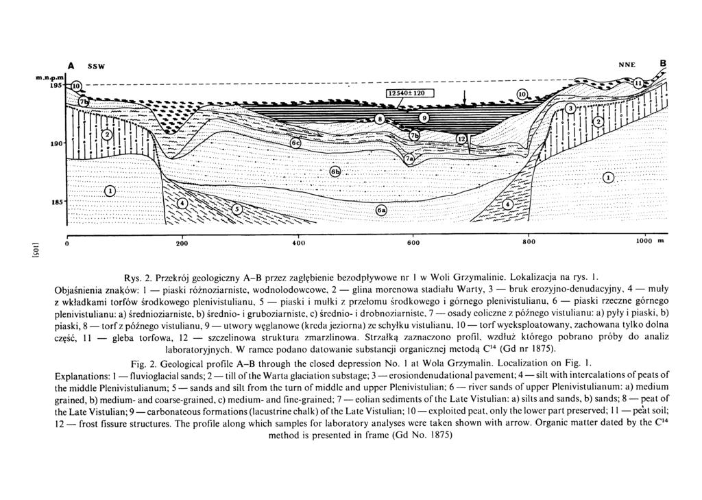 Rys. 2. Przekrój geologiczny A-В przez zagłębienie bezodpływowe nr 1 