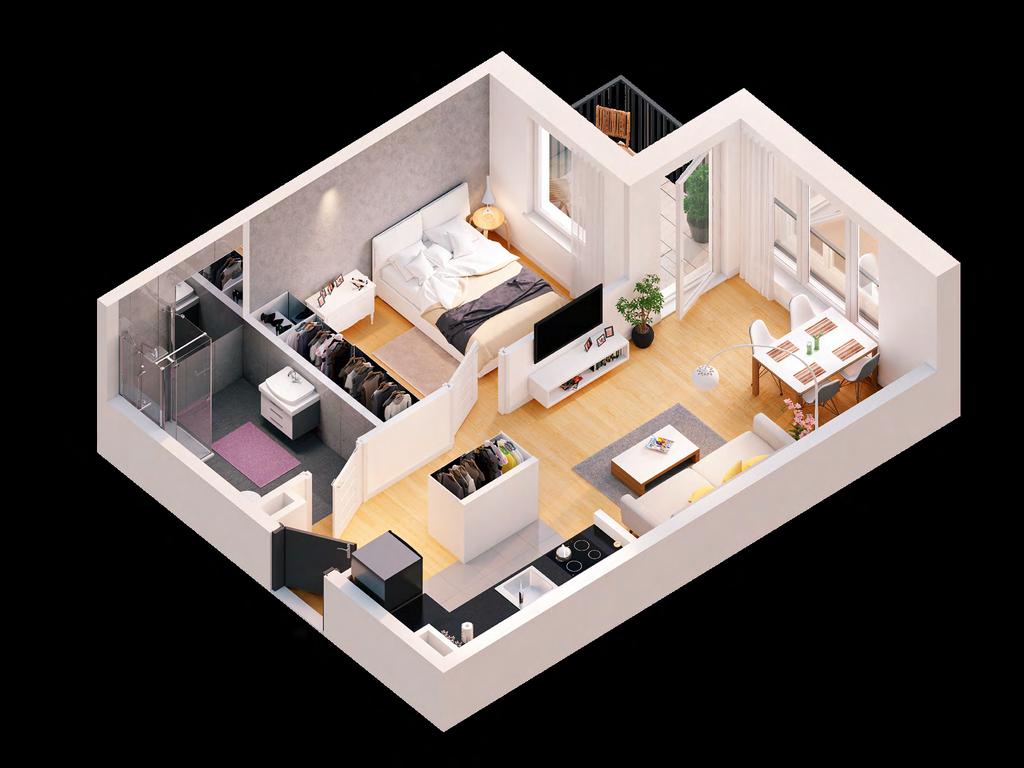 2 pokoje 40,61 m² 1. Salon z aneksem 21,63 m 2 2. Przedpokój 4,53 m 2 3.