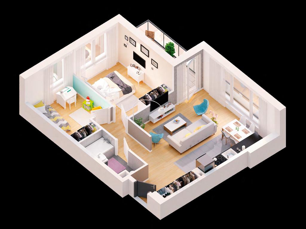 3 pokoje 56,64 m² 1. Salon z aneksem 27,61 m 2 2. Przedpokój I 2,39 m 2 3. Przedpokój II 3,35 m 2 4.