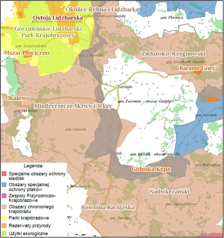 Rozmieszczenie obszarów chronionych na terenie Powiatu Żuromińskiego. Źródło: www.geoserwis.gdos.gov.