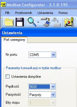 D1 28 DTR.PC.PR.SG.MODBUS 5. Tryb konfiguracyjny 5.1. Konfiguracja portu szeregowego programu Modbus Configurator, skanowanie sieci Modbus, wyszukiwanie pojedynczego przetwornika.