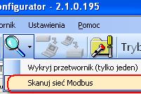 Modbus Configurator w tryb konfiguracyjny za pomocą przycisku na formie programu.