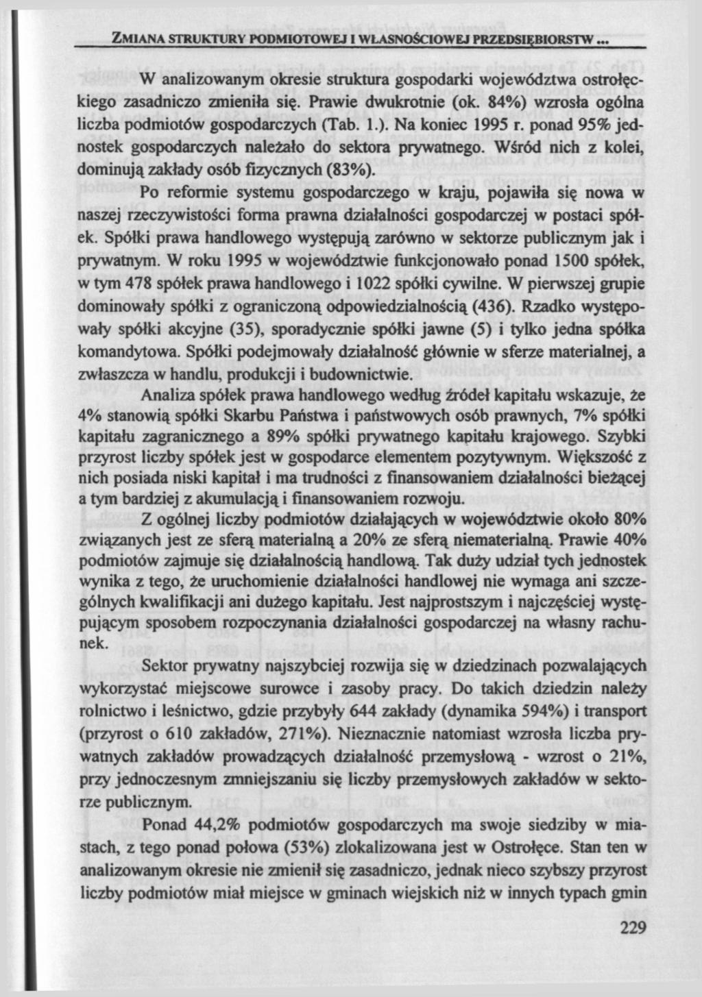 ZMIANA STRUKTURY PODMIOTOWEJ I WŁASNOŚCIOWEJ PRZEDSIĘBIORSTW... W analizowanym okresie struktura gospodarki województwa ostrołęckiego zasadniczo zmieniła się. Prawie dwukrotnie (ok.