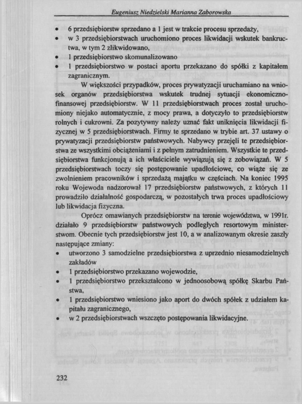 Eugeniusz Niedzielski Marianna Zaborowska 6 przedsiębiorstw sprzedano a 1 jest w trakcie procesu sprzedaży.
