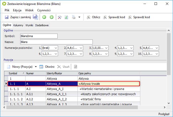 Identyfikator Przykładowo: pozycja Aktywa trwałe (zestawienie: BilansInna) uzyskuje Identyfikator: Aktywa_A.