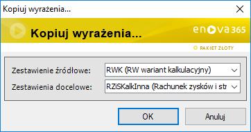 Kopiowanie wyrażeń na zestawienia W przypadku użytkowników, w których bazach zdefiniowane są zestawienia sprawozdań finansowych wraz z wyrażeniami na pozycjach, możliwe jest automatyczne