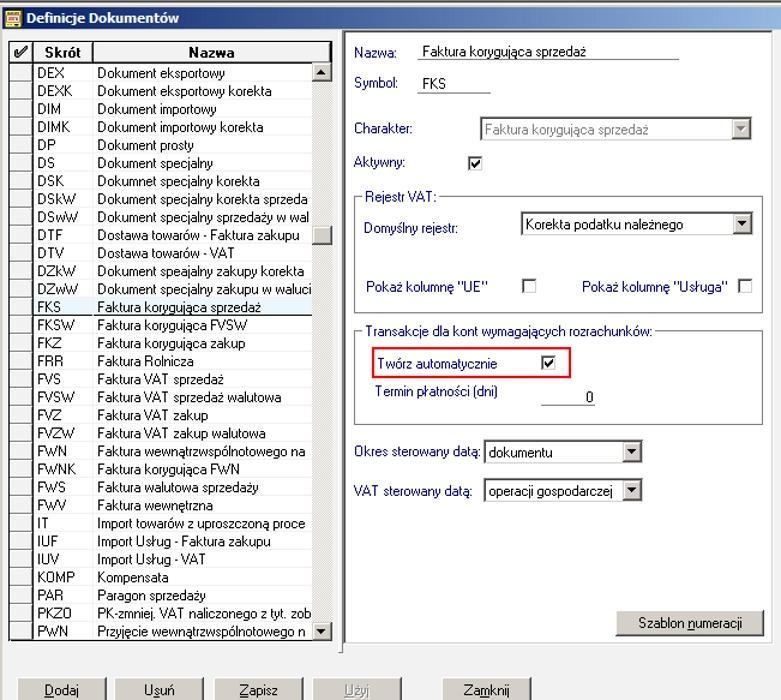 W definicji dokumentu, przy sekcji "Transakcje dla kont wymagaj cych rozrachunków" musi by