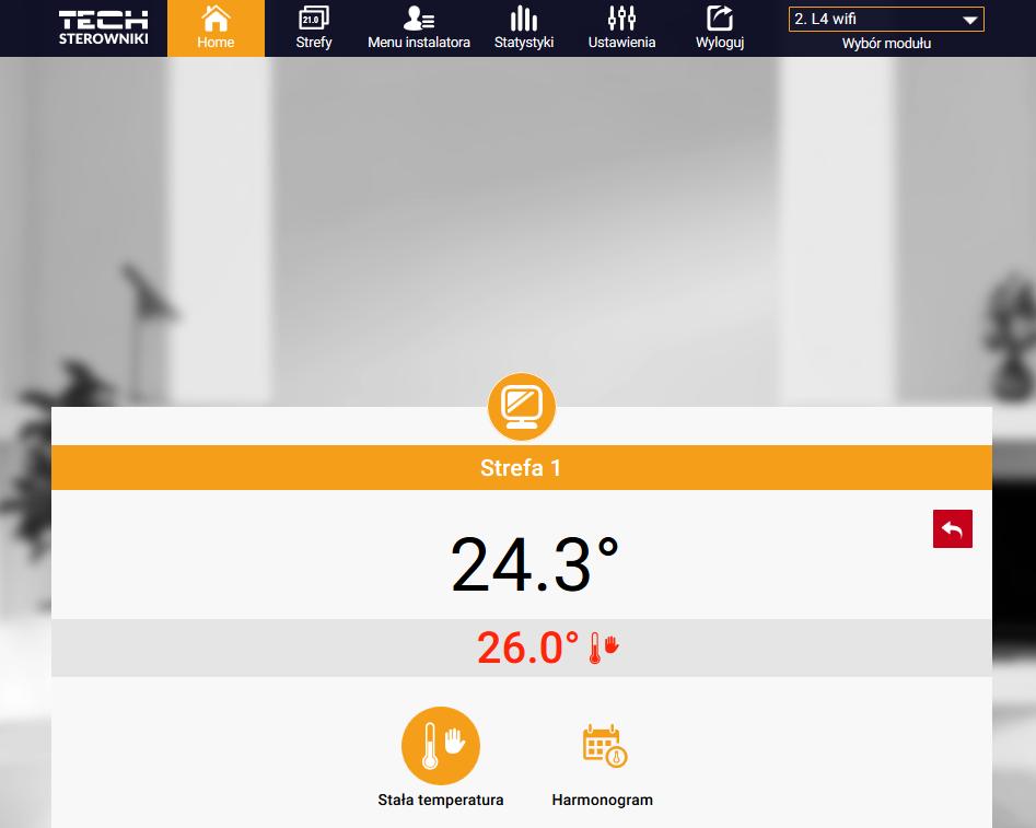 Klikając w obszarze kafelka określonej strefy przechodzimy do edycji temperatury zadanej: Górna wartość oznacza temperaturę aktualną strefy, natomiast dolna temperaturę zadaną.