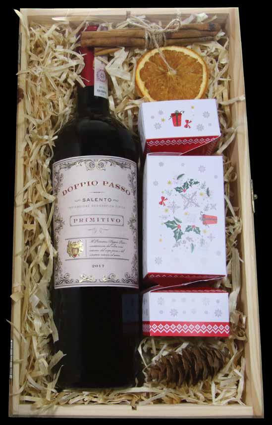 Zestawy w drewnianych skrzynkach cukierek - Włoskie, czerwone, półwytrawne wino Primitivo Doppio Passo - Belgijskie,