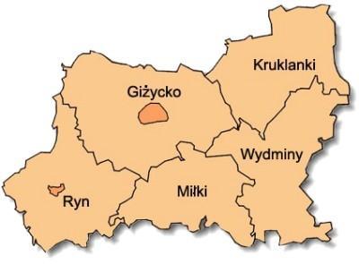 Rysunek 1 Gmina Giżycko na tle powiatu giżyckiego Źródło: www.gizycko.um.gov.pl 1.1. Rzeźba i budowa geologiczna Ukształtowanie terenu gminy jest typowo polodowcowe.