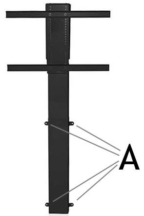 3. INSTALACJA: A. Wybierz miejsca instalacji windy F-LIFT do tylnej ścianki mebla (lub innego miejsca). Zaznacz miejsca otworów, przykręć śrubami windę przez otwory ozn. A. Winda zawsze opuszcza TV do najniŝszego połoŝenia.