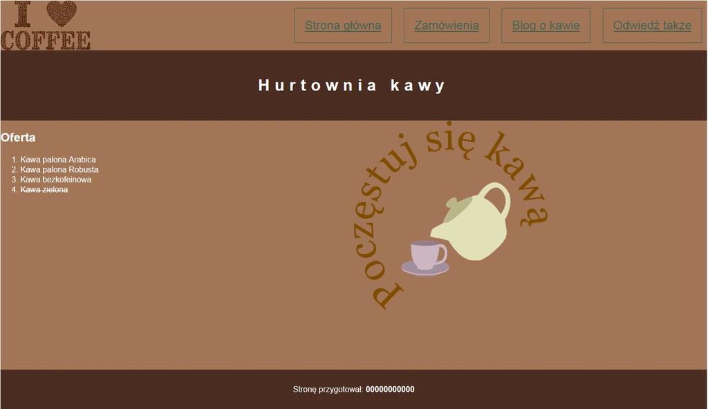 Witryna internetowa Obraz 2. Witryna internetowa, strona główna Cechy witryny: Strona główna o nazwie index.html oraz podstrony zamowienia.html i blog.html W pliku blog.