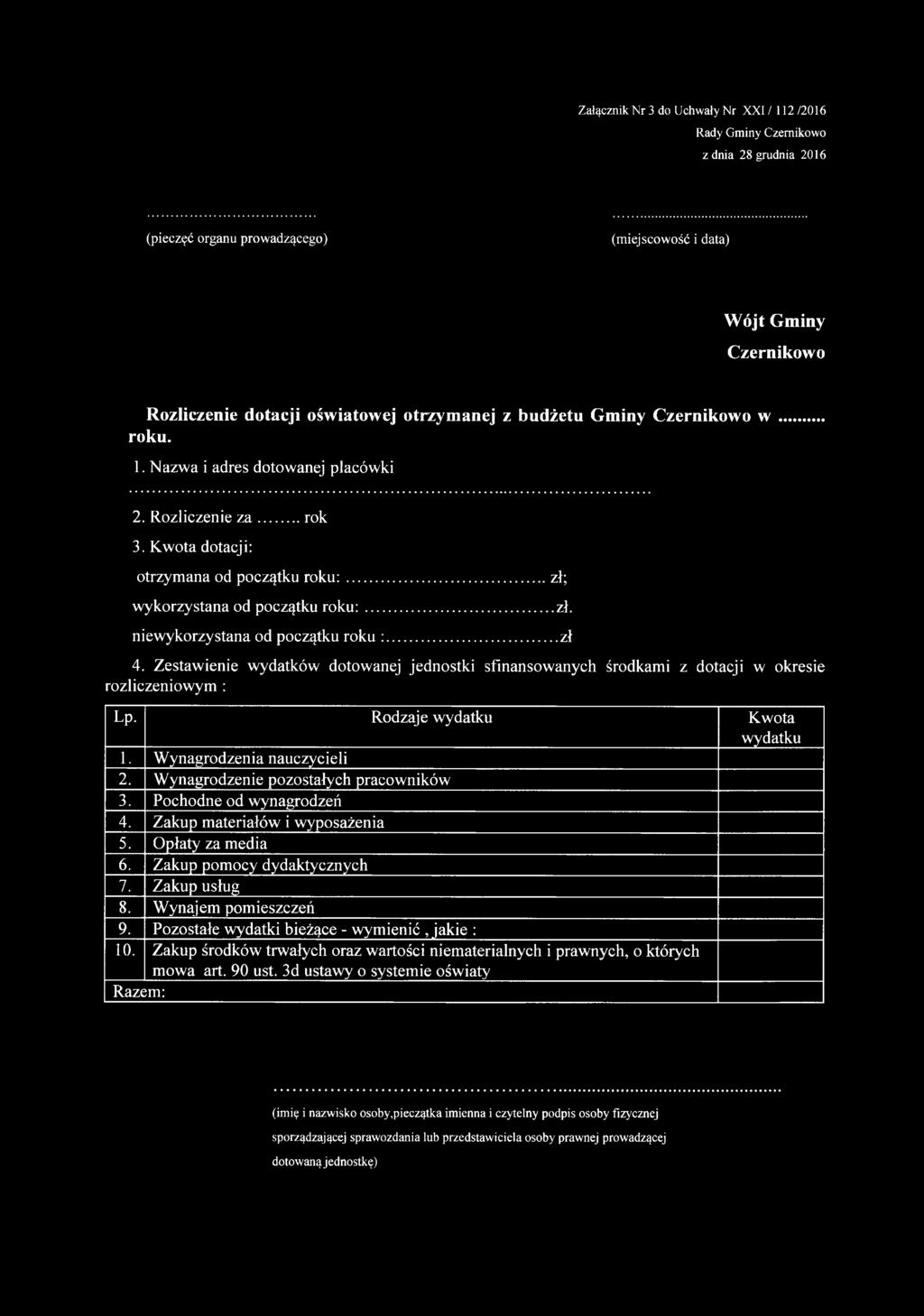 niewykorzystana od początku roku :... zł 4. Zestawienie wydatków dotowanej jednostki sfinansowanych środkami z dotacji w okresie rozliczeniowym : Lp. Rodzaje wydatku Kwota wydatku 1.