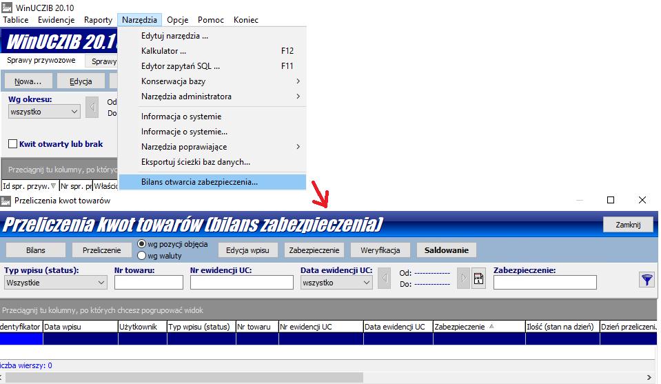 1. Bilans otwarcia zabezpieczenia informacje podstawowe. Moduł uruchamiany jest w menu głównym: Narzędzia Bilans otwarcia zabezpieczenia Rys.1. Uruchomienie i widok okna modułu bilansu otwarcia zabezpieczenia.