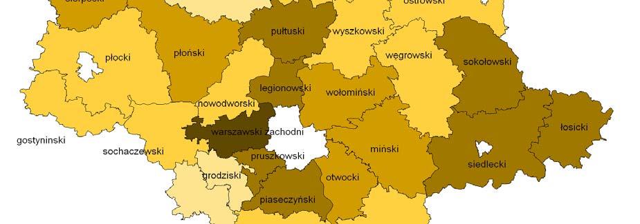 Mapa 6. Zmiany wydatków ogółem na mieszkańca w powiatach woj.