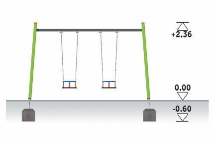 4 2.Huśtawka podwójna dzieci młodsze WYMIARY MINIMALNE: Szerokość 1,92 m, Długość 3,70 m, Wysokość 2,36 m - Drewno konstrukcyjne klejone wielowarstwowo o wymiarach 90/90mm - Belka poprzeczna - profil