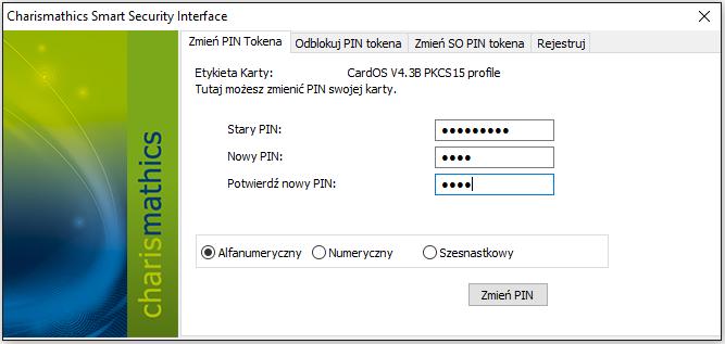 10 4. Zmiana PIN-u Jeśli chcesz zmienić kod PIN -> uruchom aplikację Charismathics Smart Security Interface -> wybierz zakładkę Zmień