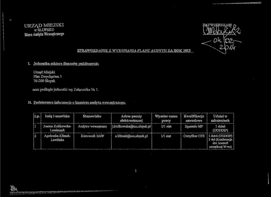 URZĄD MIEJSKI w SŁUPSKU Biuro Audyiu Wewnętrznego SPRAWOZDANIE Z WYKONANIA PLANU AUDYTU ZA ROK 203 I.