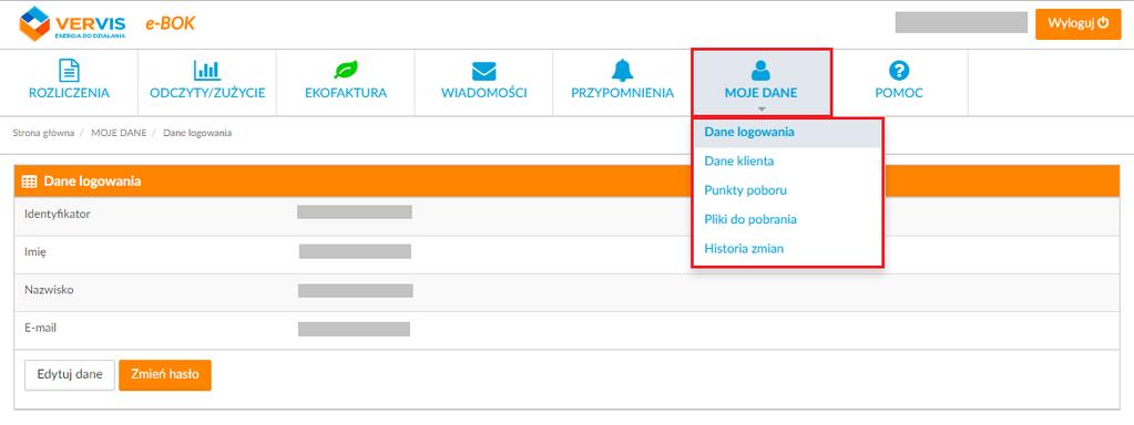 2.6 Moje dane Funkcjonalność Moje dane pozwala m.in. na zarządzenia kontem.