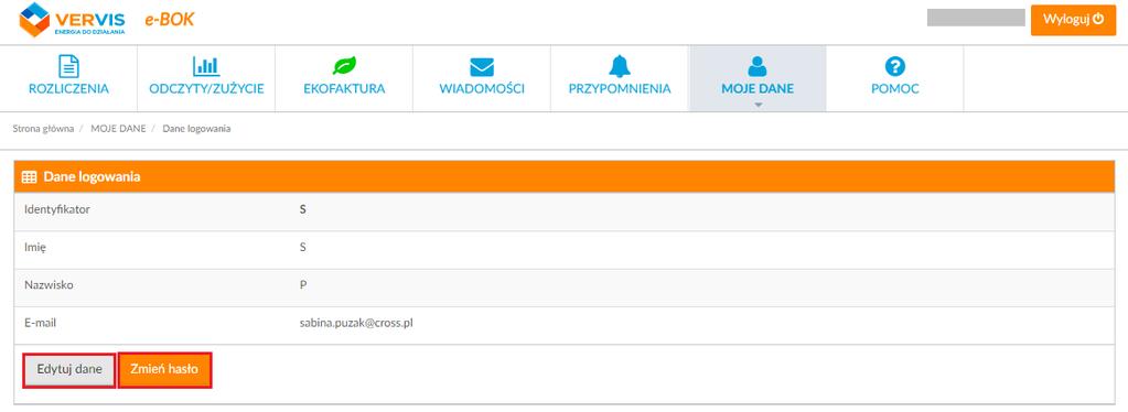 Rysunek 15 Opcje dostępne w ramach przycisku Moje dane 2.6.