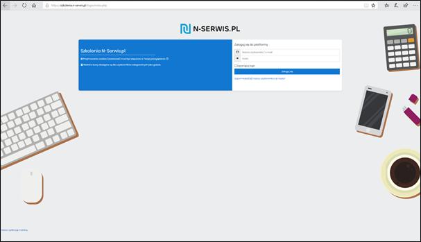 1) Proszę wejść na stronę: https://szkolenia.n-serwis.pl/ Powinien wyświetlić się jeden z dwóch poniższych interfejsów: lub 2) Proszę wpisać przypisany Państwu login i hasło.