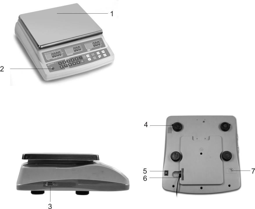 2 Przegląd urządzeń 1. Płytka wagi / zasobnik akumulatora (pod płytką wagi) 2. Libelka (poziomnica) 3.
