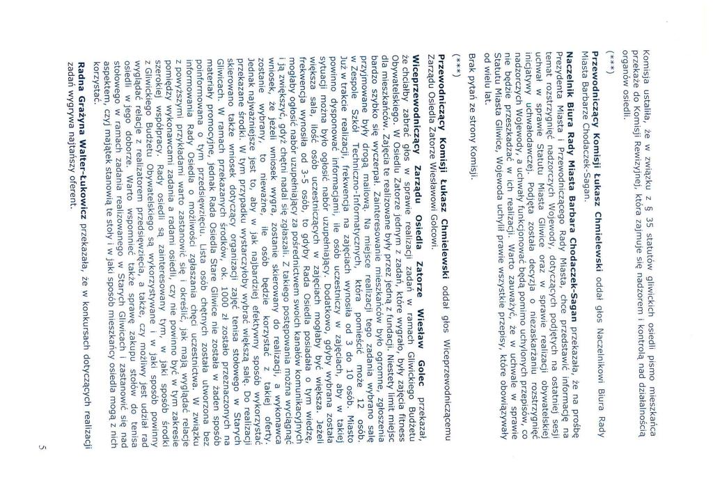 Komisja ustaliła, że w związku z 35 statutów gliwickich osiedli pismo mieszkańca przekaże do Komisji Rewizyjnej, która zajmuje się nadzorem i kontrolą nad działalnością organów osiedli.