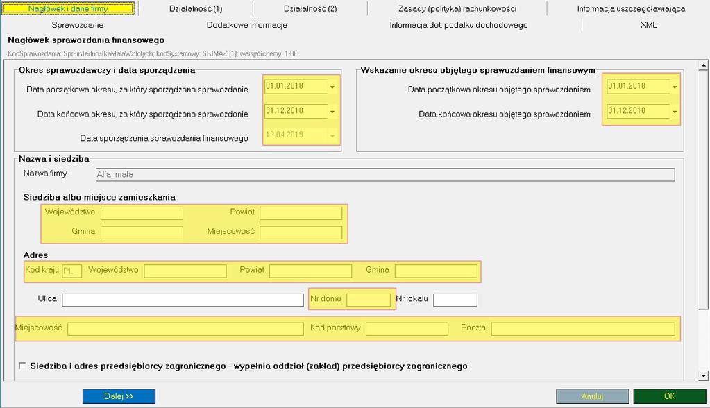 Nagłówek i dane firmy Pola Data sporządzenia sprawozdania finansowego oraz Nazwa firmy są nieedytowalne dane są pobierane z okienka Dane ogólne i tam można je zmieniać.