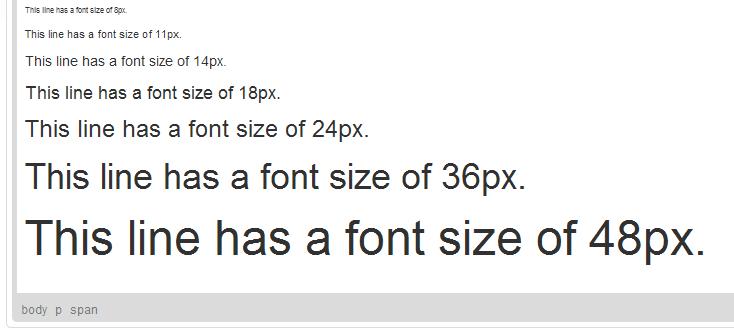 font-size: 16px; font-size: 1.6em; /* 1em = 10px */ font-size: 100%; font-size: 12pt; /* 1pt = 1.33px; 1px = 0.