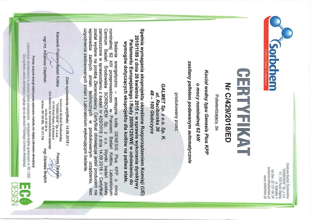 12. Certyfikaty 30 Instrukcja kotła na pellet Genesis