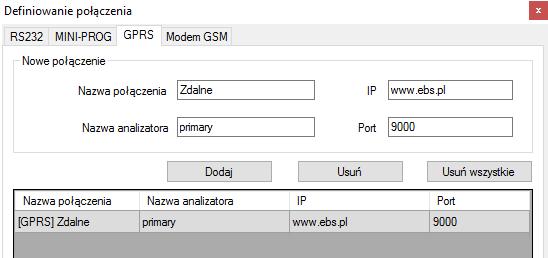 Określamy: Nazwę połączenia np. Zdalne Wybieramy nazwę analizatora np. primary Wpisujemy adres analizatora np. www.ebs.pl Podajemy port, na którym analizator nasłuchuje poleceń np.