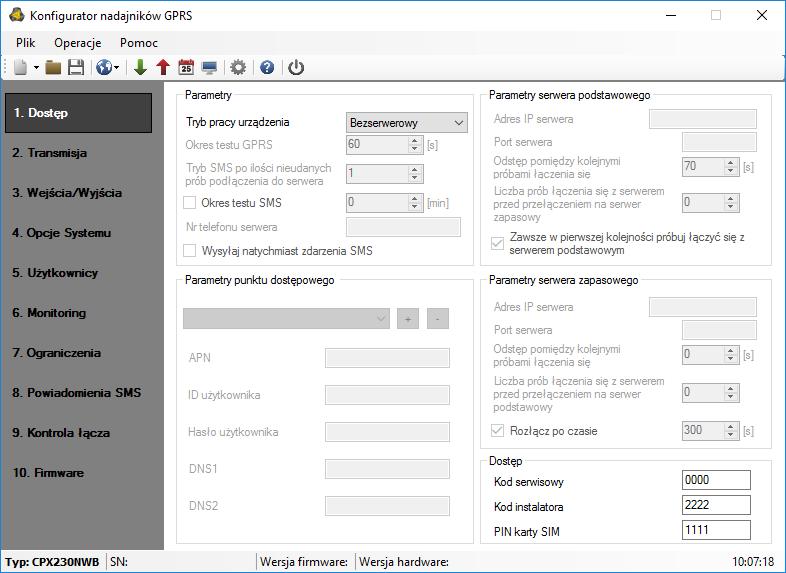 6. PARAMETRY PROGRAMOWALNE Parametry dostępne w programie konfiguracyjnym zostały podzielone na grupy: Dostęp, Transmisja, Wejścia/Wyjścia, Opcje Systemu, Użytkownicy, Monitoring, Ograniczenia,