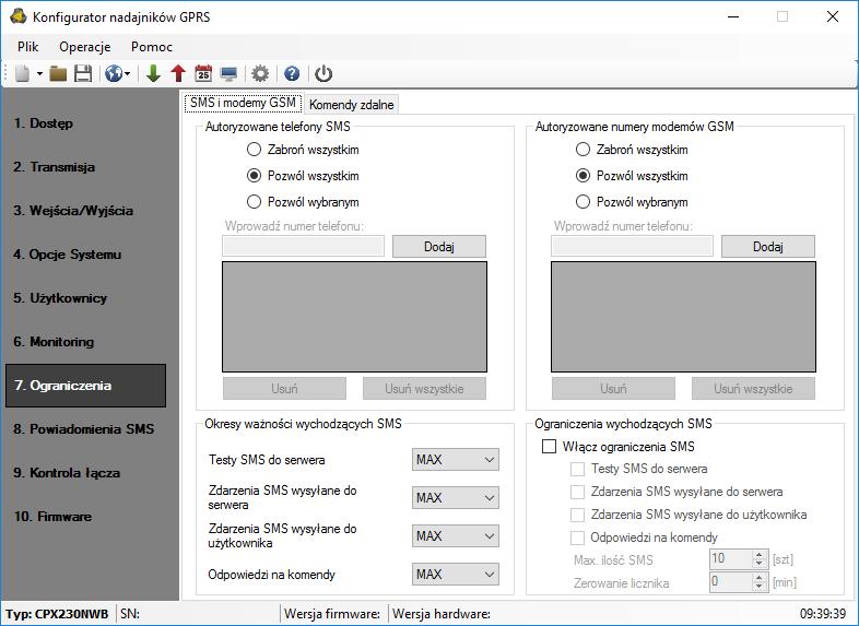 6.7. OGRANICZENIA 6.7.1. SMS i modemy GSM 6.7.1.1. Autoryzowane telefony SMS Użytkownik może ograniczyć zdalny dostęp do urządzenia (poprzez SMS) do określonych numerów telefonów.