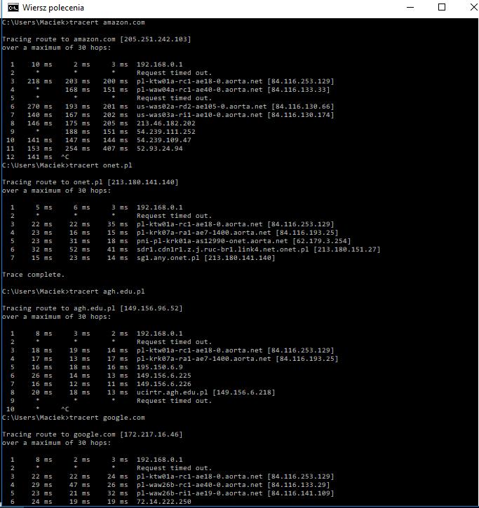 Polecenie tracert pokazuje trasę jaką muszą pokonać pakiety danych aby dotrzeć z komputera do wskazanej strony www lub hosta.